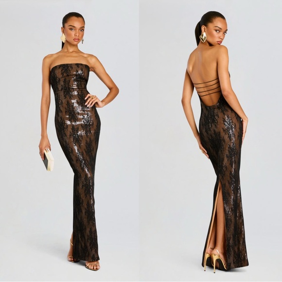 Retrofete Dresses & Skirts - RETROFETE Zaina Black Sequin lace Strapless Gown size L NWT